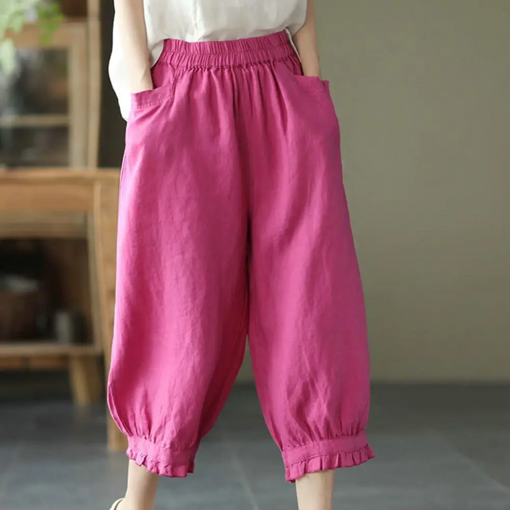 Cotton Linen Women Pants Solid Color Soft Breathable Elastic Waist Loose Harem Pants Linen Pants Summer Casual Ninth Trousers