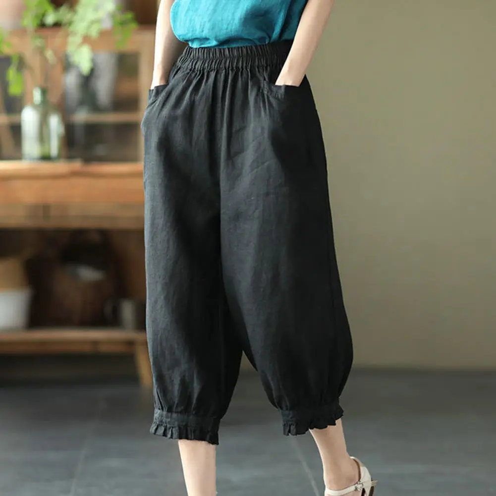 Cotton Linen Women Pants Solid Color Soft Breathable Elastic Waist Loose Harem Pants Linen Pants Summer Casual Ninth Trousers