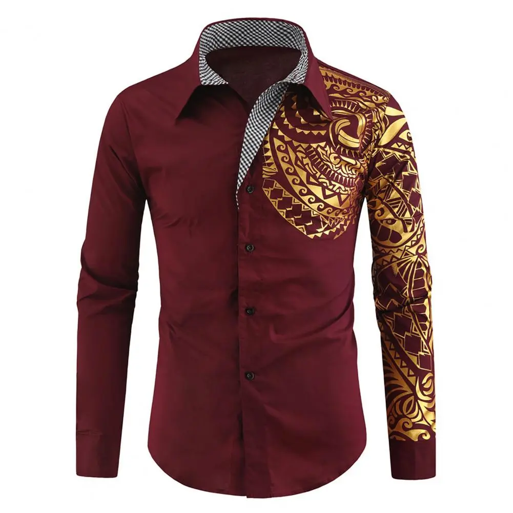 Vintage Spring T-shirt 2025 Fashion Men Shirt Color Blocked Slim Fit Retro Totem Print Lapel Buttons Long Sleeved Shirt Top