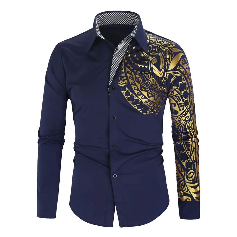 Vintage Spring T-shirt 2025 Fashion Men Shirt Color Blocked Slim Fit Retro Totem Print Lapel Buttons Long Sleeved Shirt Top