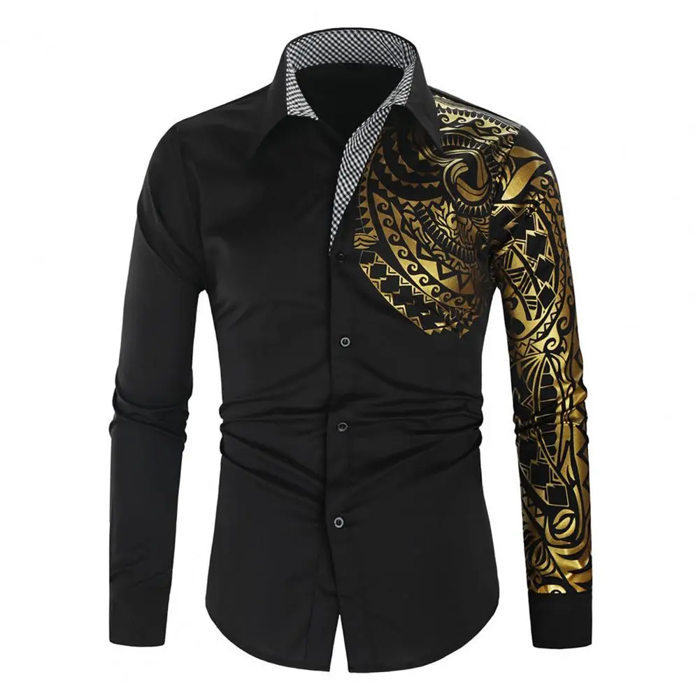 Vintage Spring T-shirt 2025 Fashion Men Shirt Color Blocked Slim Fit Retro Totem Print Lapel Buttons Long Sleeved Shirt Top