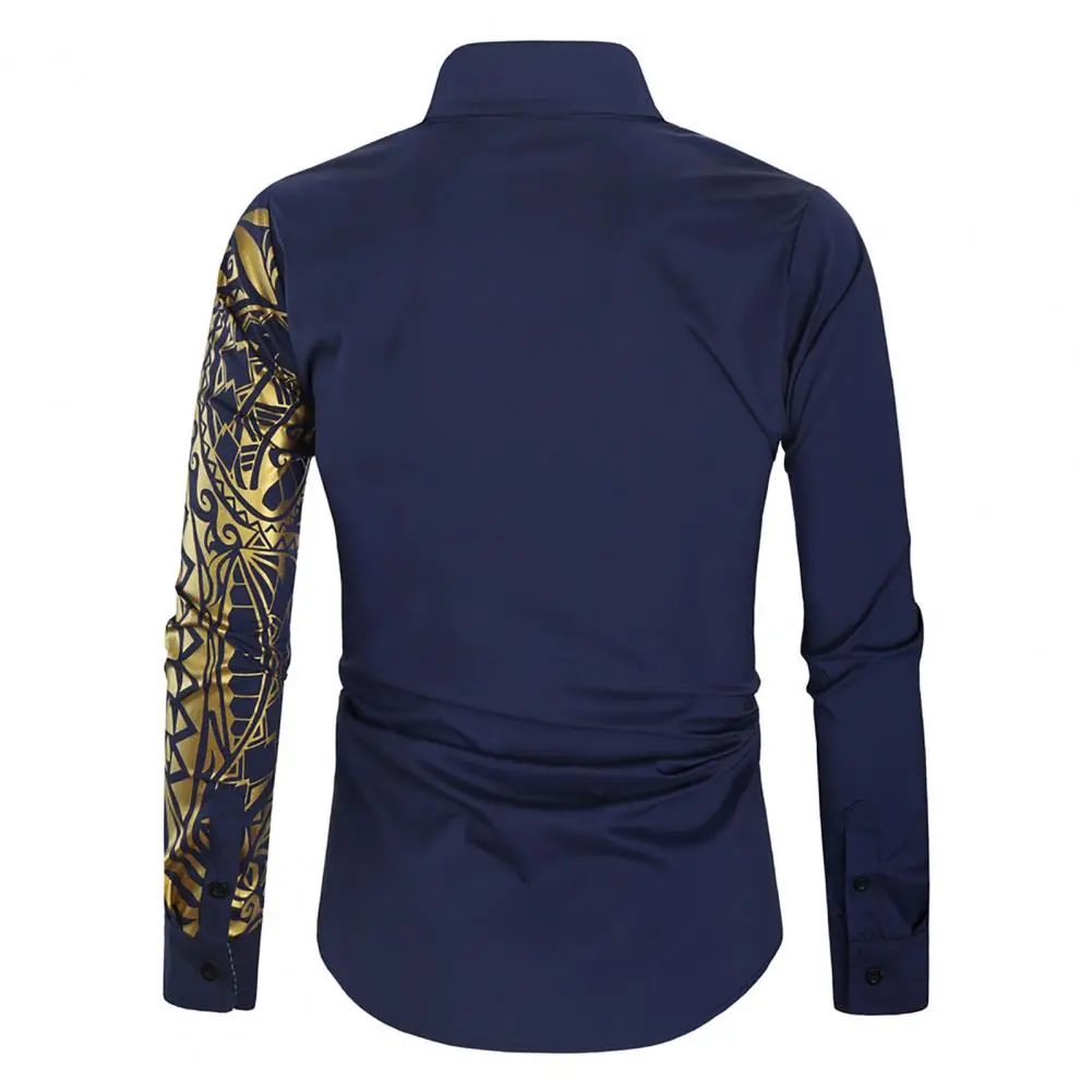 Vintage Spring T-shirt 2025 Fashion Men Shirt Color Blocked Slim Fit Retro Totem Print Lapel Buttons Long Sleeved Shirt Top