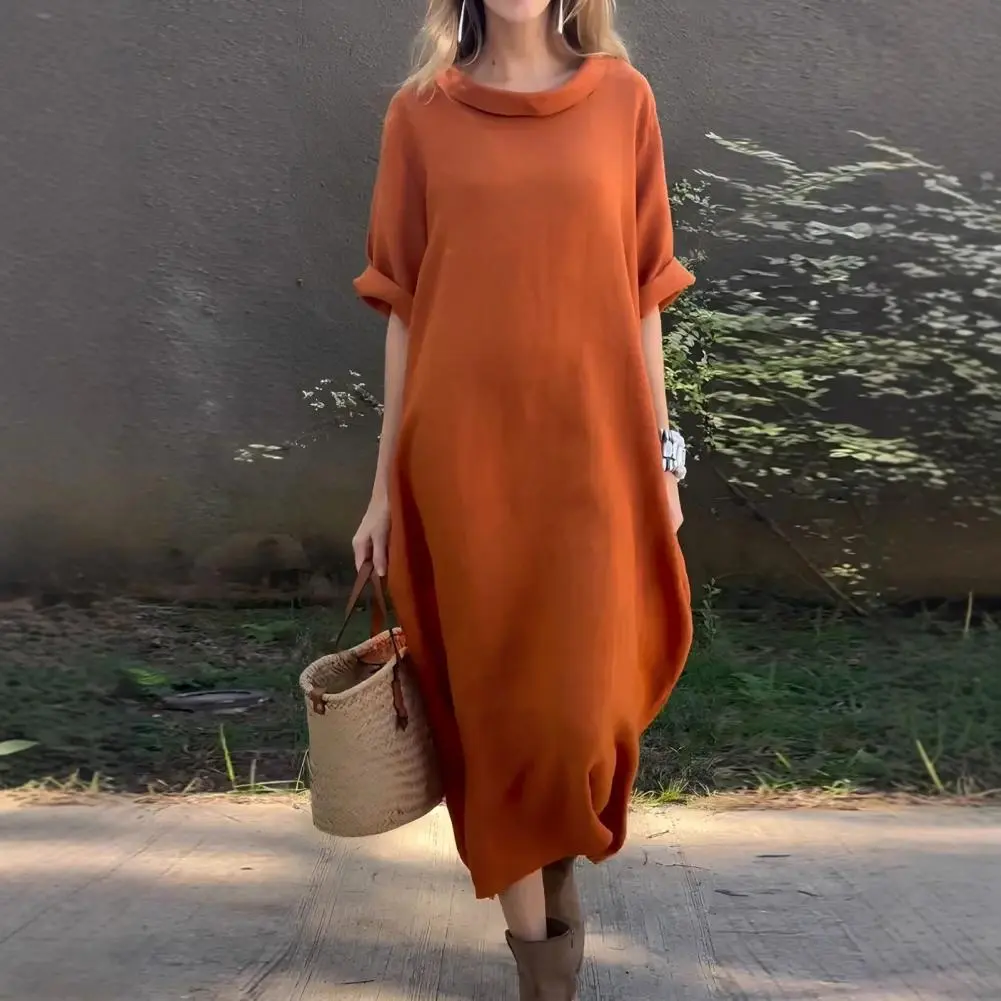 Women Long Blouse Dress Summer Short Sleeve Solid O Neck  Loose Sundress Casual Vintage Oversized Quarter-sleeve Maxi Dress