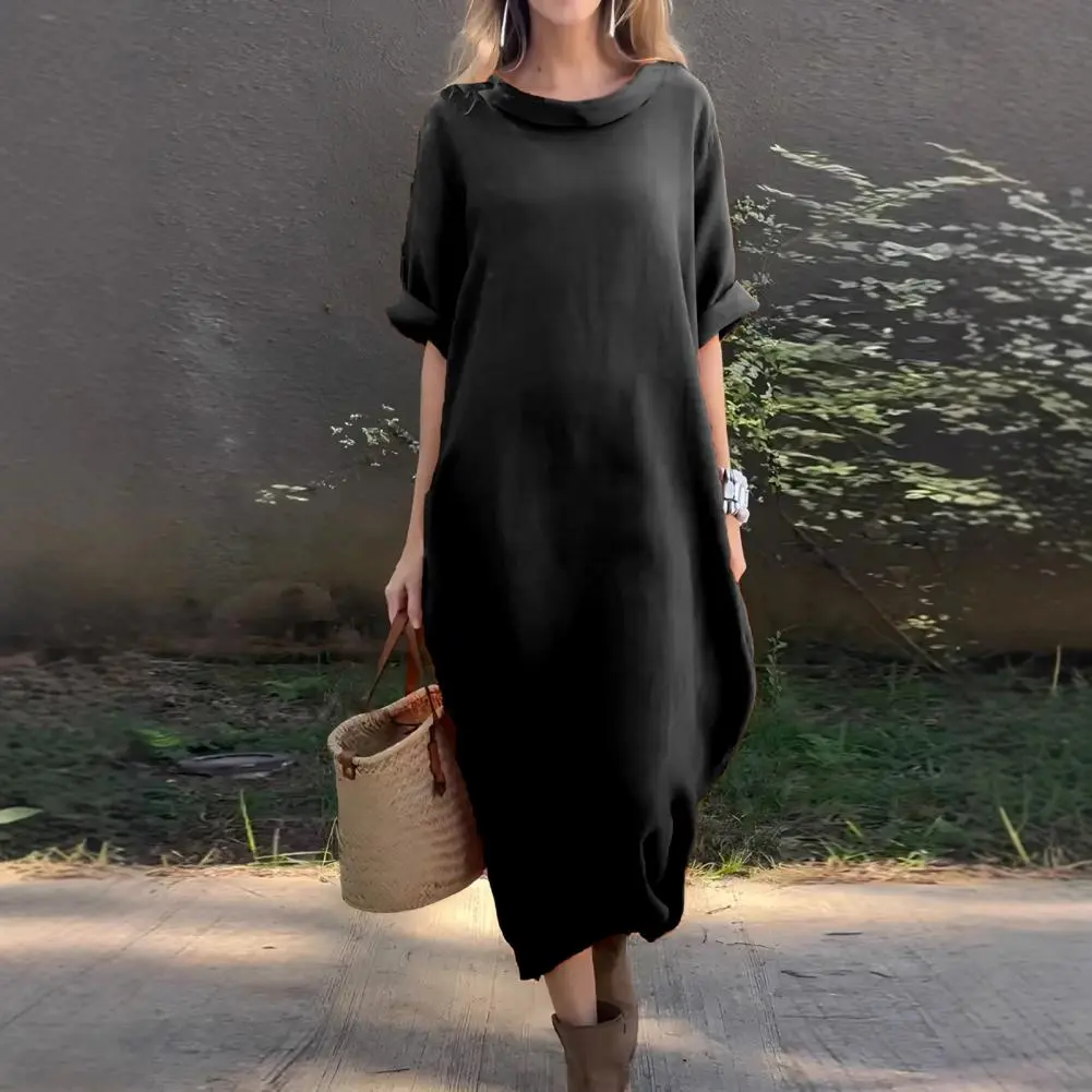 Women Long Blouse Dress Summer Short Sleeve Solid O Neck  Loose Sundress Casual Vintage Oversized Quarter-sleeve Maxi Dress
