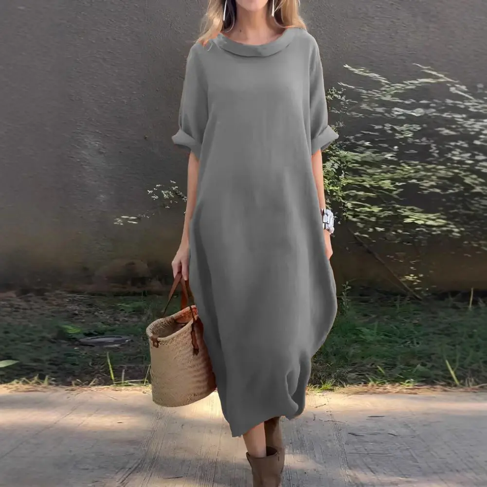 Women Long Blouse Dress Summer Short Sleeve Solid O Neck  Loose Sundress Casual Vintage Oversized Quarter-sleeve Maxi Dress