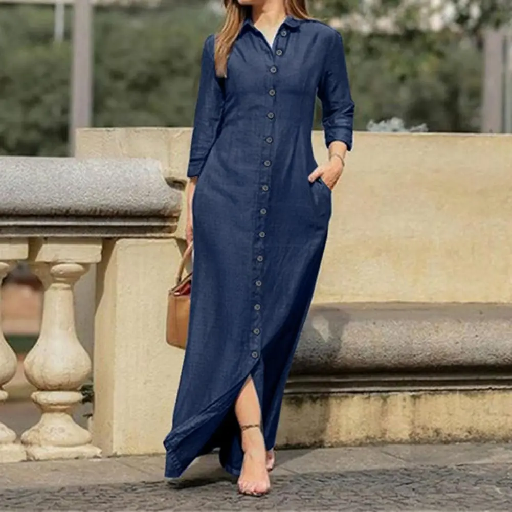 Summer Maxi Dress 3/4 Sleeve Buttons Closure Denim Dress Elegant All-Match Ankle Length Shirt Dress Lady Long Shirt Dresses
