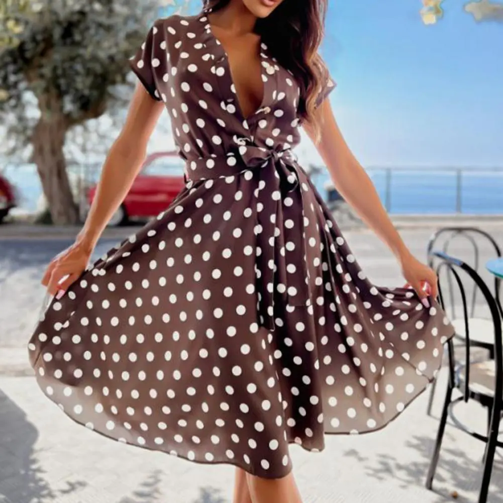 2022 Sexy Boho Dot Print Lace-up Dress Beachwear Ruffle Short Sleeve V Neck Beach Dress A Line Long Dress Robe Summer Sundress