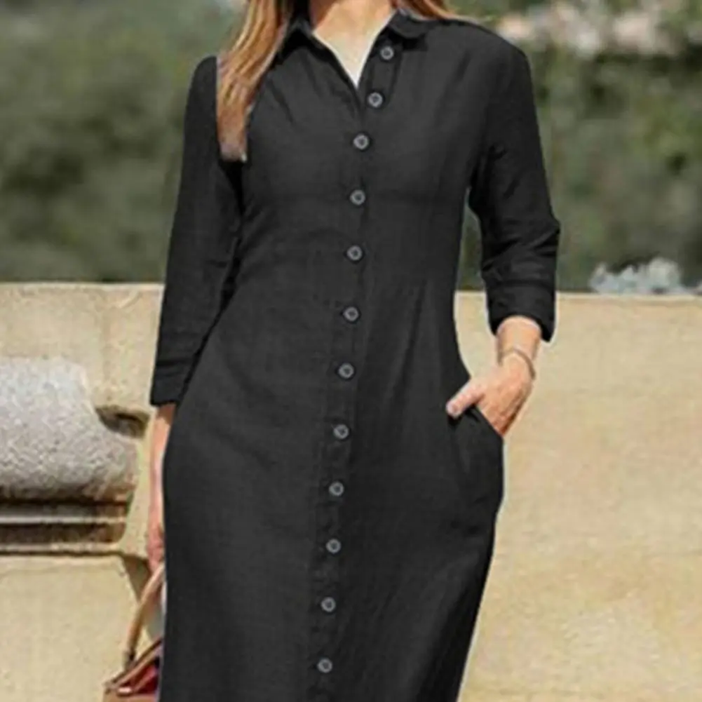 Summer Maxi Dress 3/4 Sleeve Buttons Closure Denim Dress Elegant All-Match Ankle Length Shirt Dress Lady Long Shirt Dresses