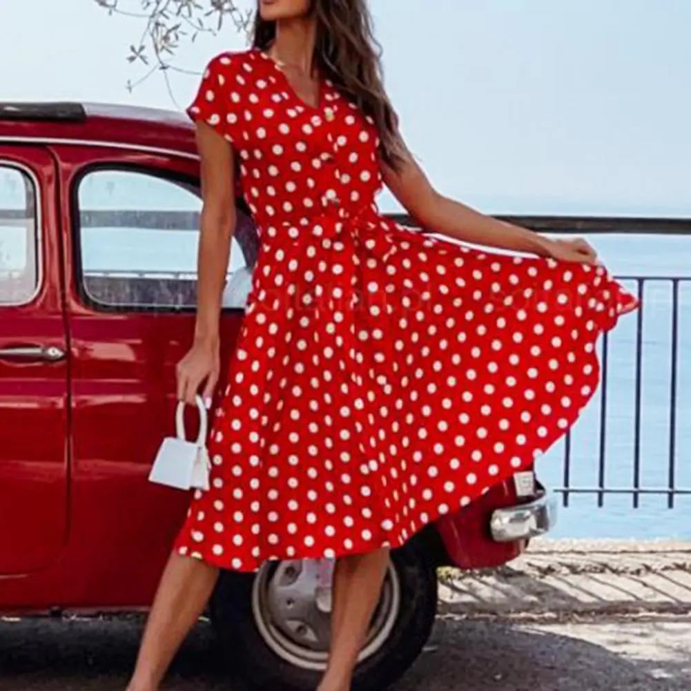 2022 Sexy Boho Dot Print Lace-up Dress Beachwear Ruffle Short Sleeve V Neck Beach Dress A Line Long Dress Robe Summer Sundress
