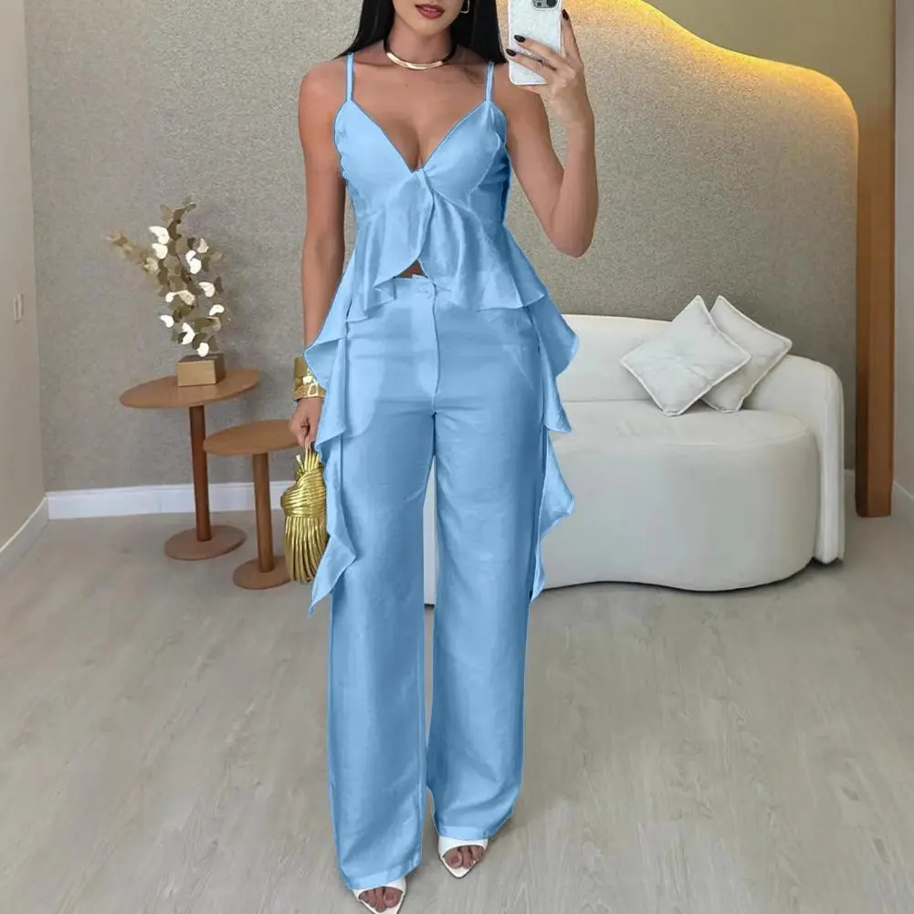 Fashionable Women Suit Breathable Women Suit Stylish Women's V-neck Top Pants Set for Office Party Wear Ruffled Camisole Top