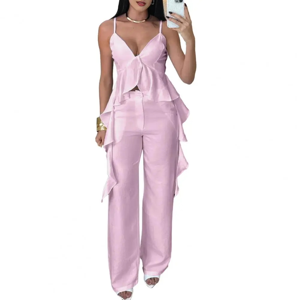 Fashionable Women Suit Breathable Women Suit Stylish Women's V-neck Top Pants Set for Office Party Wear Ruffled Camisole Top