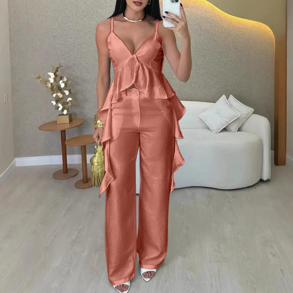 Fashionable Women Suit Breathable Women Suit Stylish Women's V-neck Top Pants Set for Office Party Wear Ruffled Camisole Top