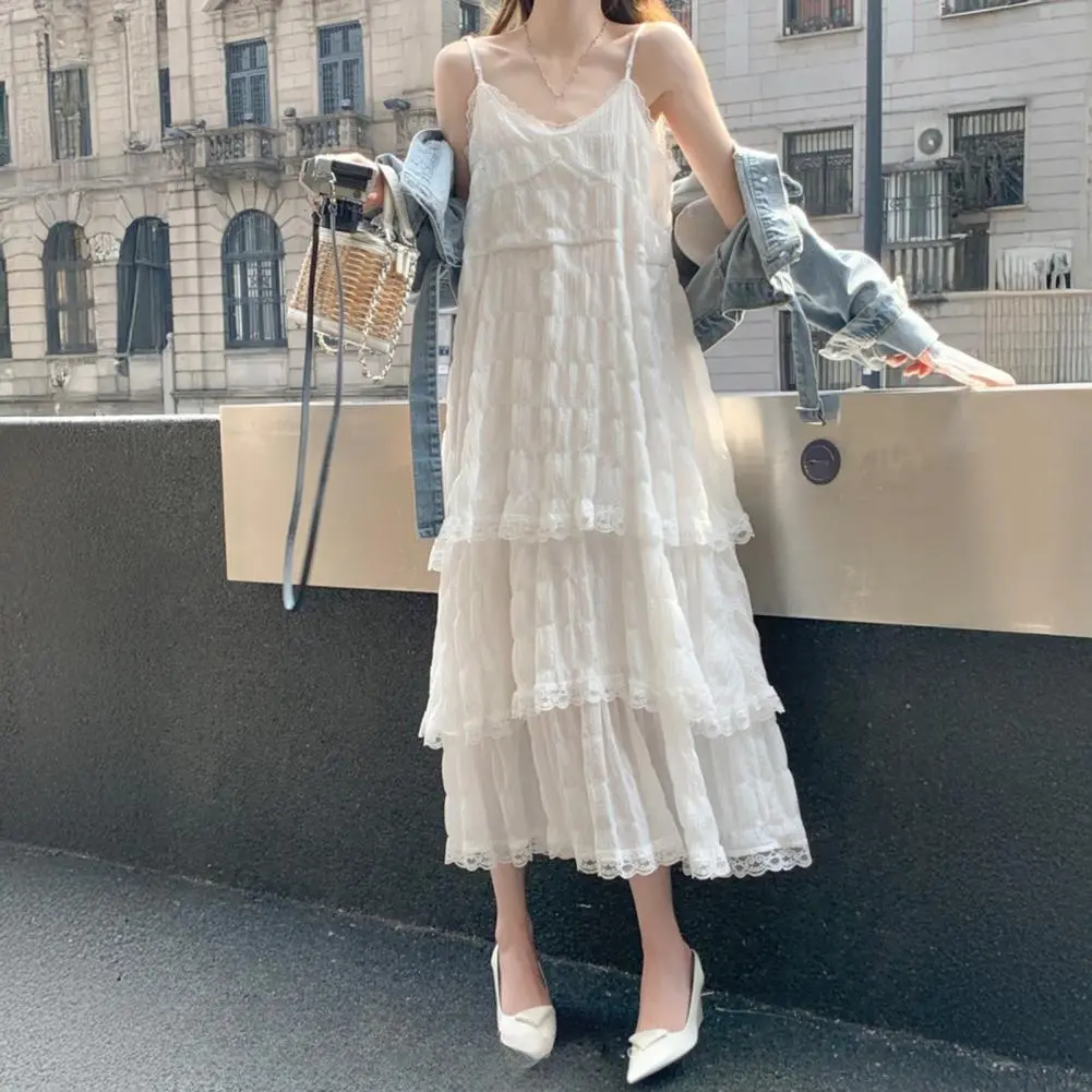 2025 Fairy Style Purple Women Sling Dress V-Neck Sleeveless Multi Layer Lace Splicing Design Maxi Dress Pleated Detail Dress