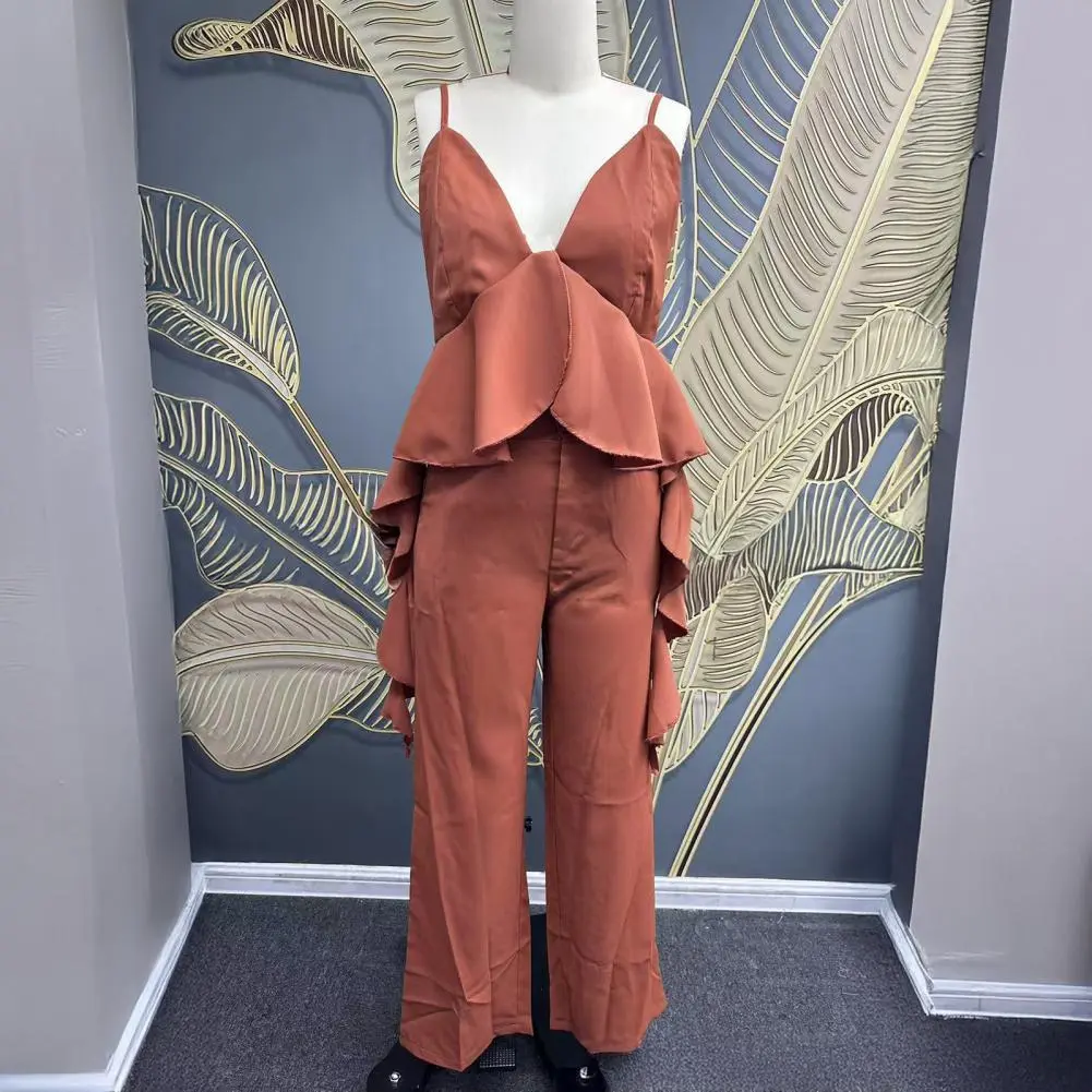 Fashionable Women Suit Breathable Women Suit Stylish Women's V-neck Top Pants Set for Office Party Wear Ruffled Camisole Top