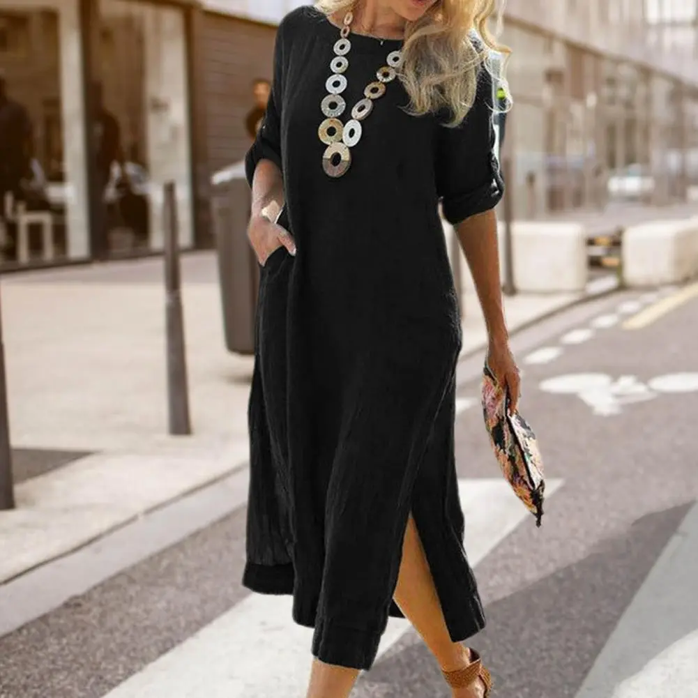 Cotton And Linen Dress Summer Short Sleeve O-Neck Vintage Slit Hem Dress Loose Fit Quick Dry Comfortable Loose Long Dress