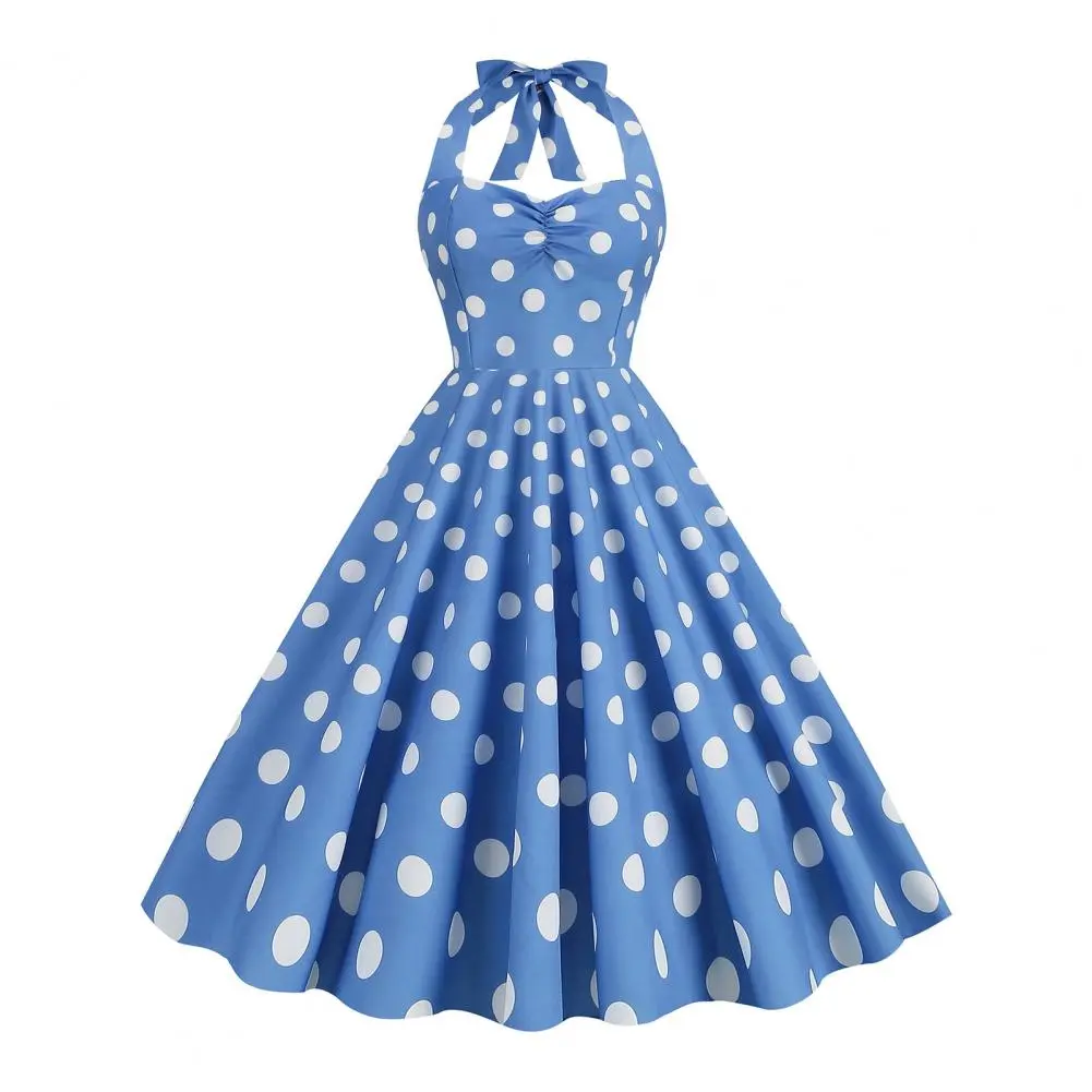 Vintage Midi Dress 1950s Movie Style Elastic Bust Bow Halter Neck Tight Waist Dress Classic 1950s Style Vintage Midi Dress