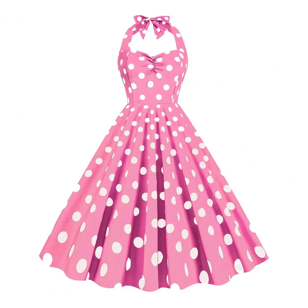 Vintage Midi Dress 1950s Movie Style Elastic Bust Bow Halter Neck Tight Waist Dress Classic 1950s Style Vintage Midi Dress