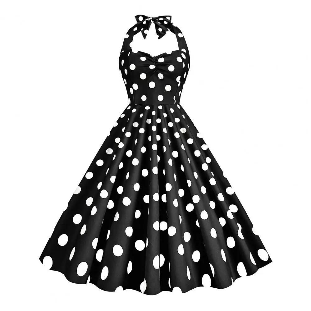 Vintage Midi Dress 1950s Movie Style Elastic Bust Bow Halter Neck Tight Waist Dress Classic 1950s Style Vintage Midi Dress