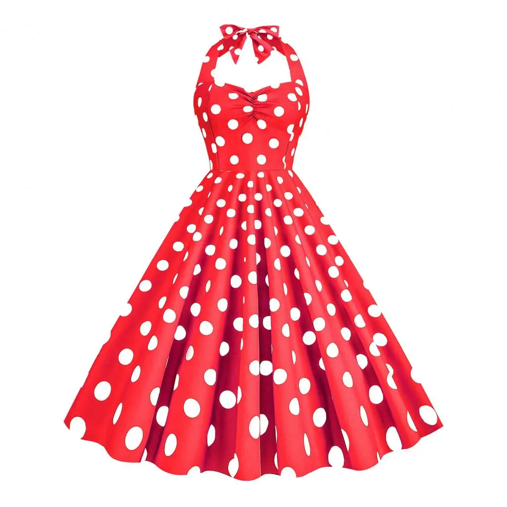 Vintage Midi Dress 1950s Movie Style Elastic Bust Bow Halter Neck Tight Waist Dress Classic 1950s Style Vintage Midi Dress