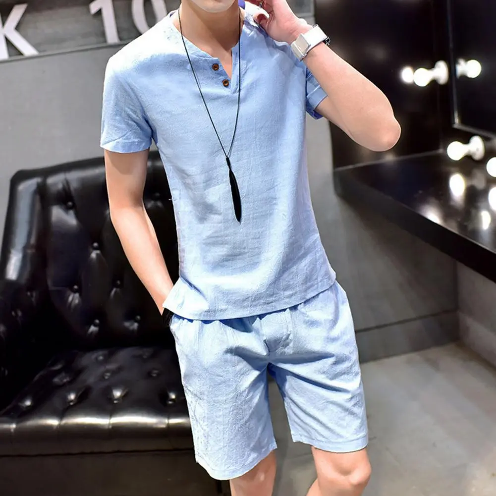 2025 M-2XL 2Pcs/Set Men Casual Sportwear Set V-Neck Short Sleeve T-shirt Elastic Drawstring Waist Wide Leg Shorts Casual Outfit