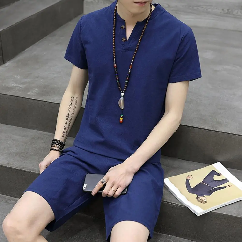 2025 M-2XL 2Pcs/Set Men Casual Sportwear Set V-Neck Short Sleeve T-shirt Elastic Drawstring Waist Wide Leg Shorts Casual Outfit