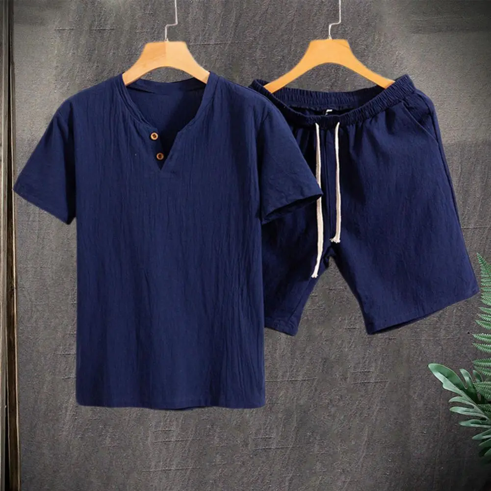 2025 M-2XL 2Pcs/Set Men Casual Sportwear Set V-Neck Short Sleeve T-shirt Elastic Drawstring Waist Wide Leg Shorts Casual Outfit