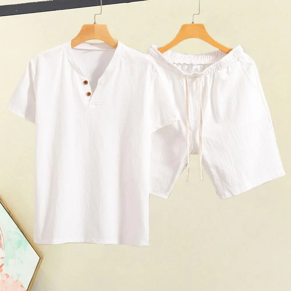 2025 M-2XL 2Pcs/Set Men Casual Sportwear Set V-Neck Short Sleeve T-shirt Elastic Drawstring Waist Wide Leg Shorts Casual Outfit