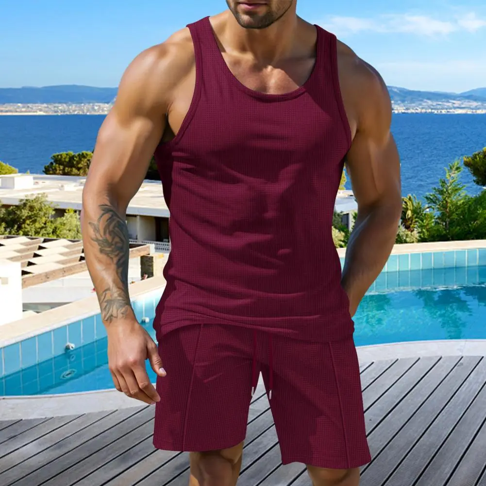Men Waffle Fabric Outfit Men Two-piece Outfit Men's Waffle Fabric Sleeveless Vest Wide Leg Shorts Set for Casual Wear Solid