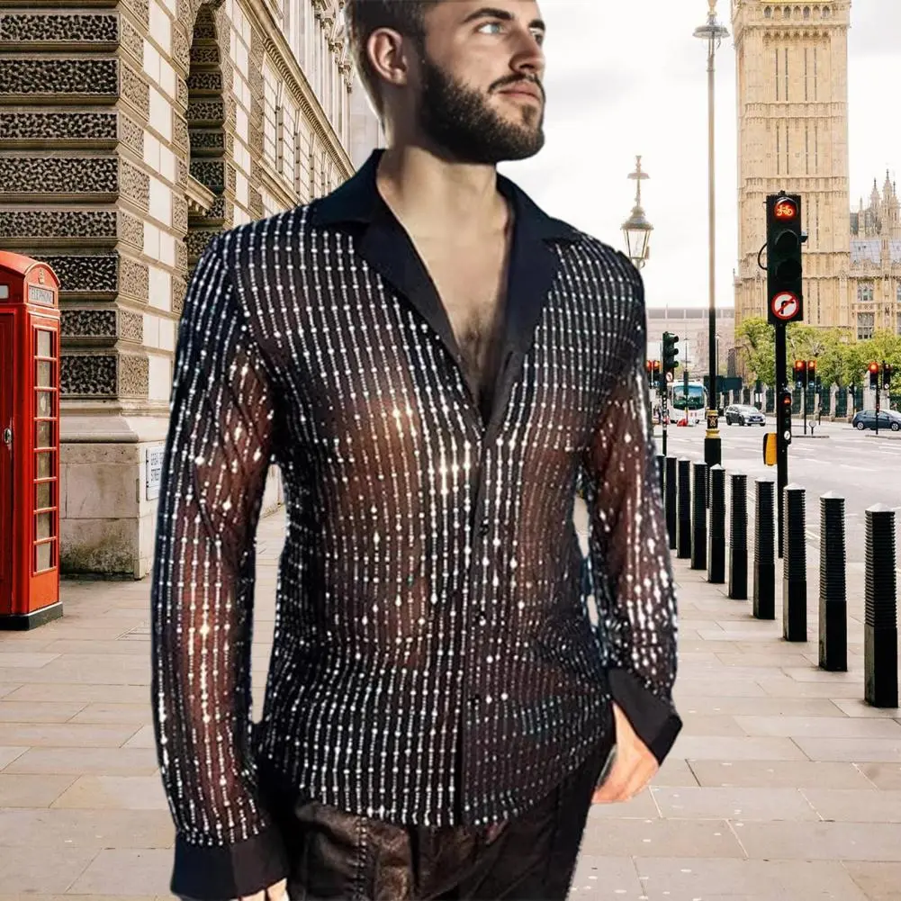 Transparent Men Top Men Sequin Shirt Sequin Glitter Men's Party Shirts Retro Disco Style for Night Club Dancing Fashionable