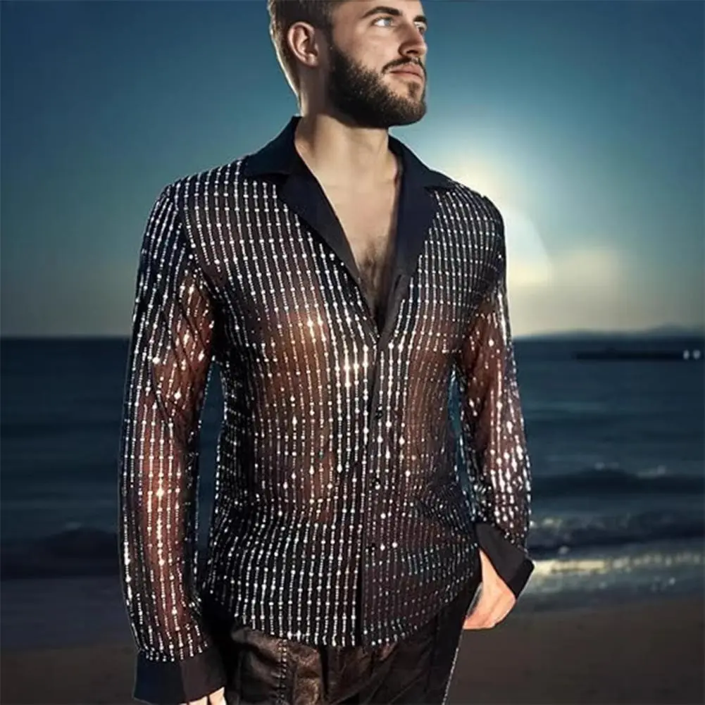 Transparent Men Top Men Sequin Shirt Sequin Glitter Men's Party Shirts Retro Disco Style for Night Club Dancing Fashionable
