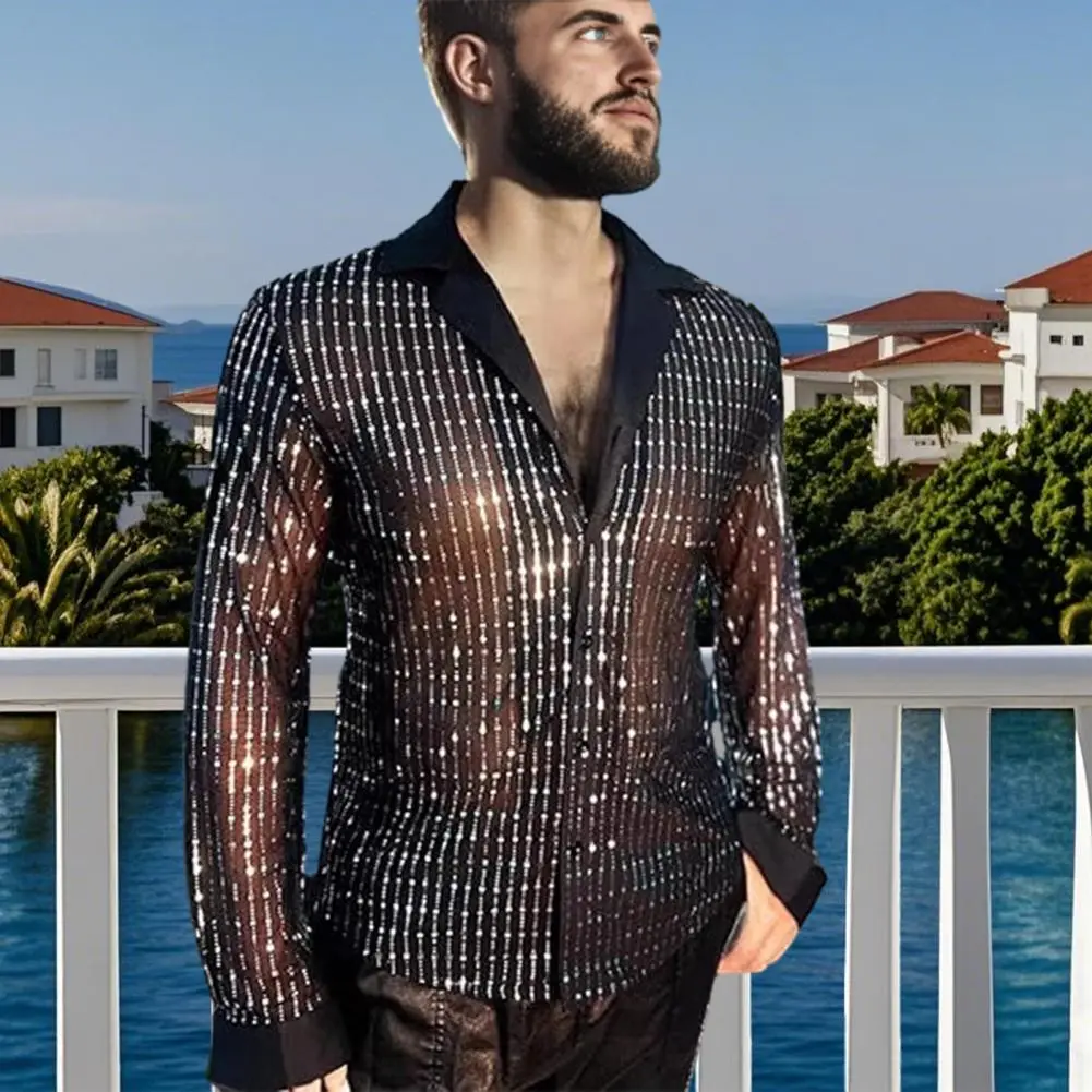 Transparent Men Top Men Sequin Shirt Sequin Glitter Men's Party Shirts Retro Disco Style for Night Club Dancing Fashionable