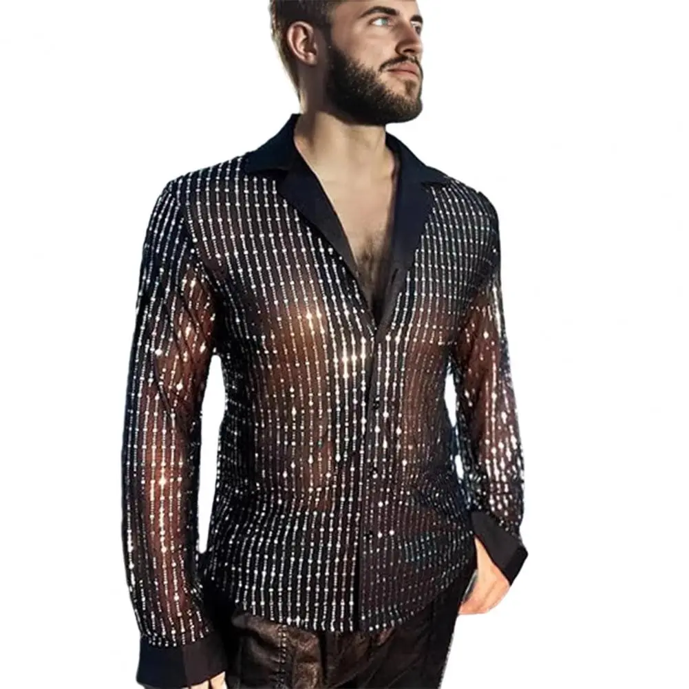 Transparent Men Top Men Sequin Shirt Sequin Glitter Men's Party Shirts Retro Disco Style for Night Club Dancing Fashionable