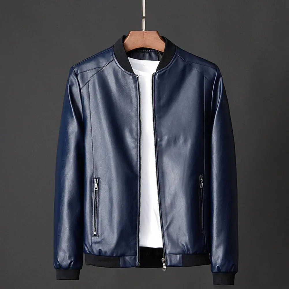 Men Motorcycle Jacket Faux Leather Stand Collar Zipper Closure Mens Moto Biker Leather Coat Autumn Men Outerwear 2023 Men Jacket