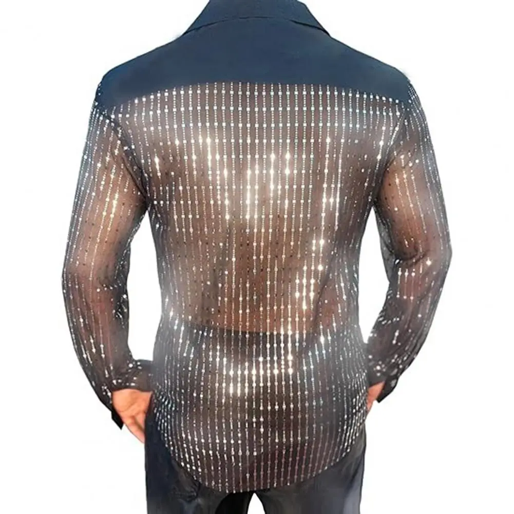 Transparent Men Top Men Sequin Shirt Sequin Glitter Men's Party Shirts Retro Disco Style for Night Club Dancing Fashionable