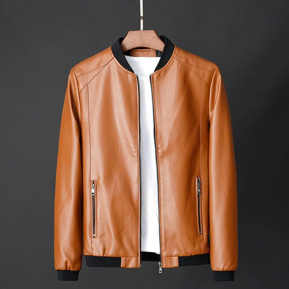 Men Motorcycle Jacket Faux Leather Stand Collar Zipper Closure Mens Moto Biker Leather Coat Autumn Men Outerwear 2023 Men Jacket