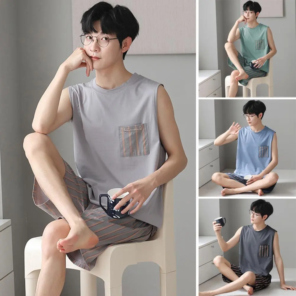 Men Pajamas Cozy Home Suit Men's Pajama Set Round Neck Sleeveless Sleepwear Soft Breathable Loungewear Two-piece for Comfortable