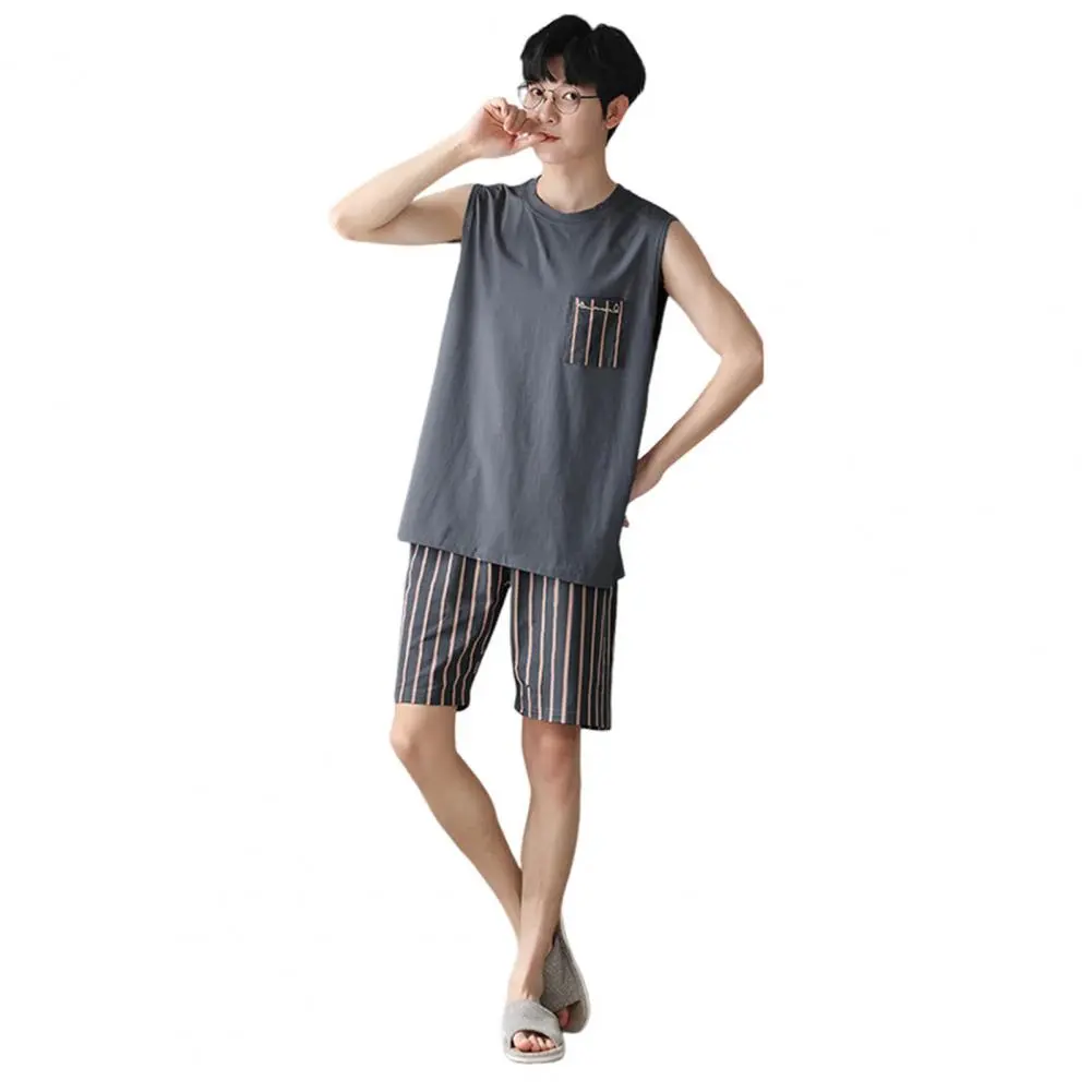 Men Pajamas Cozy Home Suit Men's Pajama Set Round Neck Sleeveless Sleepwear Soft Breathable Loungewear Two-piece for Comfortable