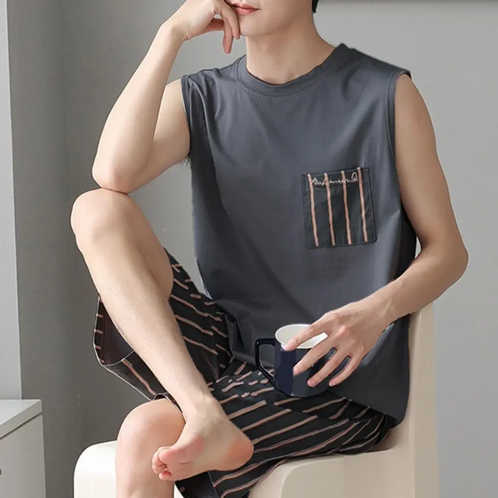 Men Pajamas Cozy Home Suit Men's Pajama Set Round Neck Sleeveless Sleepwear Soft Breathable Loungewear Two-piece for Comfortable