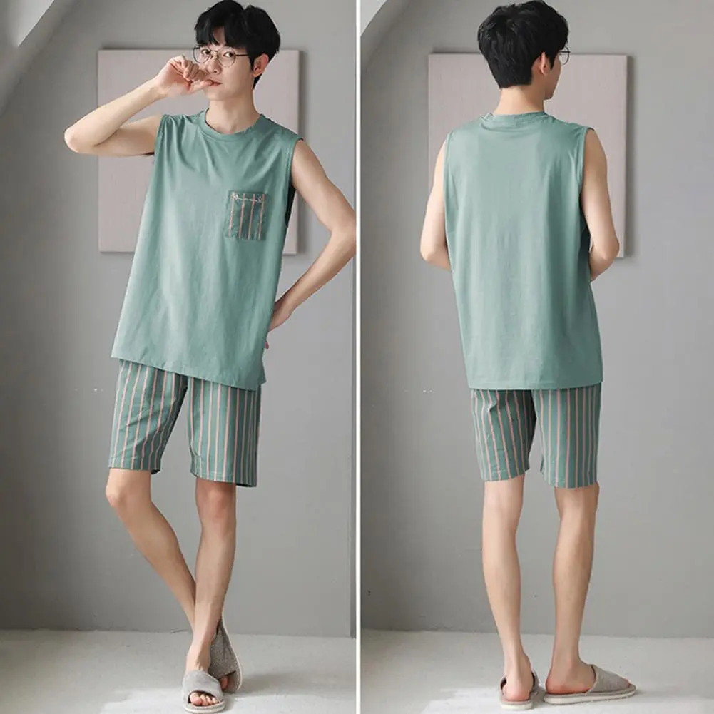 Men Pajamas Cozy Home Suit Men's Pajama Set Round Neck Sleeveless Sleepwear Soft Breathable Loungewear Two-piece for Comfortable
