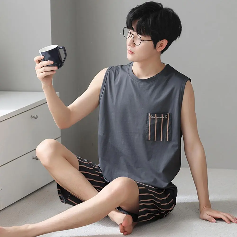 Men Pajamas Cozy Home Suit Men's Pajama Set Round Neck Sleeveless Sleepwear Soft Breathable Loungewear Two-piece for Comfortable