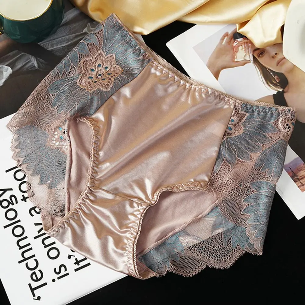 Lace Flower Embroidery Women Panties Seamless Jacquard Lace Panties Elegant Ice Silk Lady Underpants Women Briefs Underwear