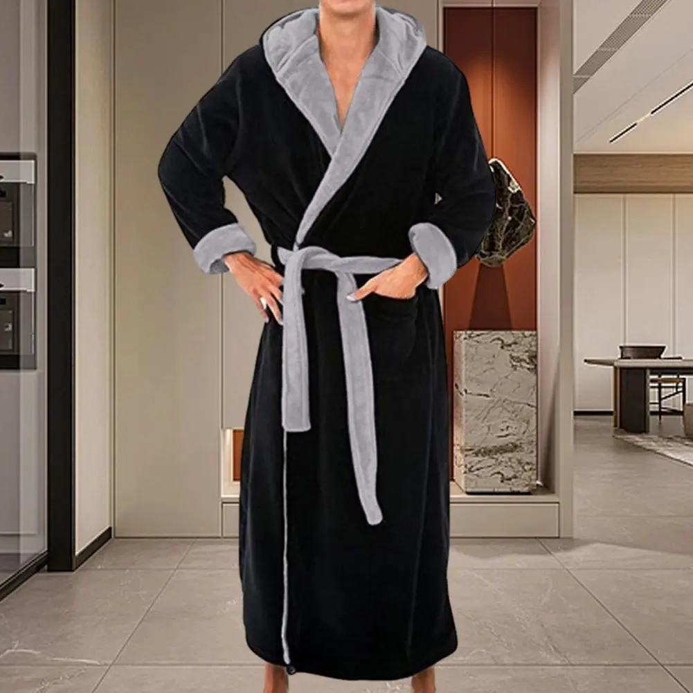 2025 M-4XL Men Hooded Bathrobe Adjustable Belt Soft Fluffy Highly Absorbent Plush Bathrobe Extra Large Hooded Fleece Bathrobe