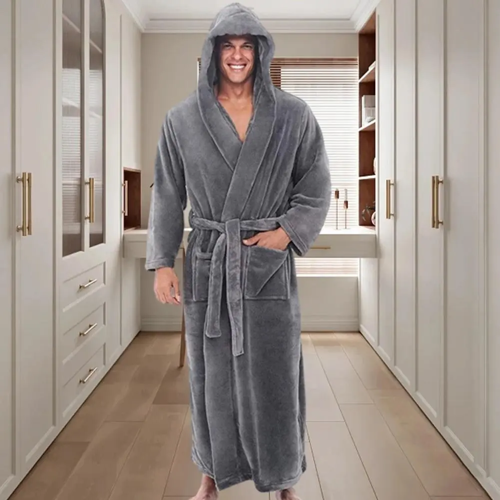 2025 M-4XL Men Hooded Bathrobe Adjustable Belt Soft Fluffy Highly Absorbent Plush Bathrobe Extra Large Hooded Fleece Bathrobe