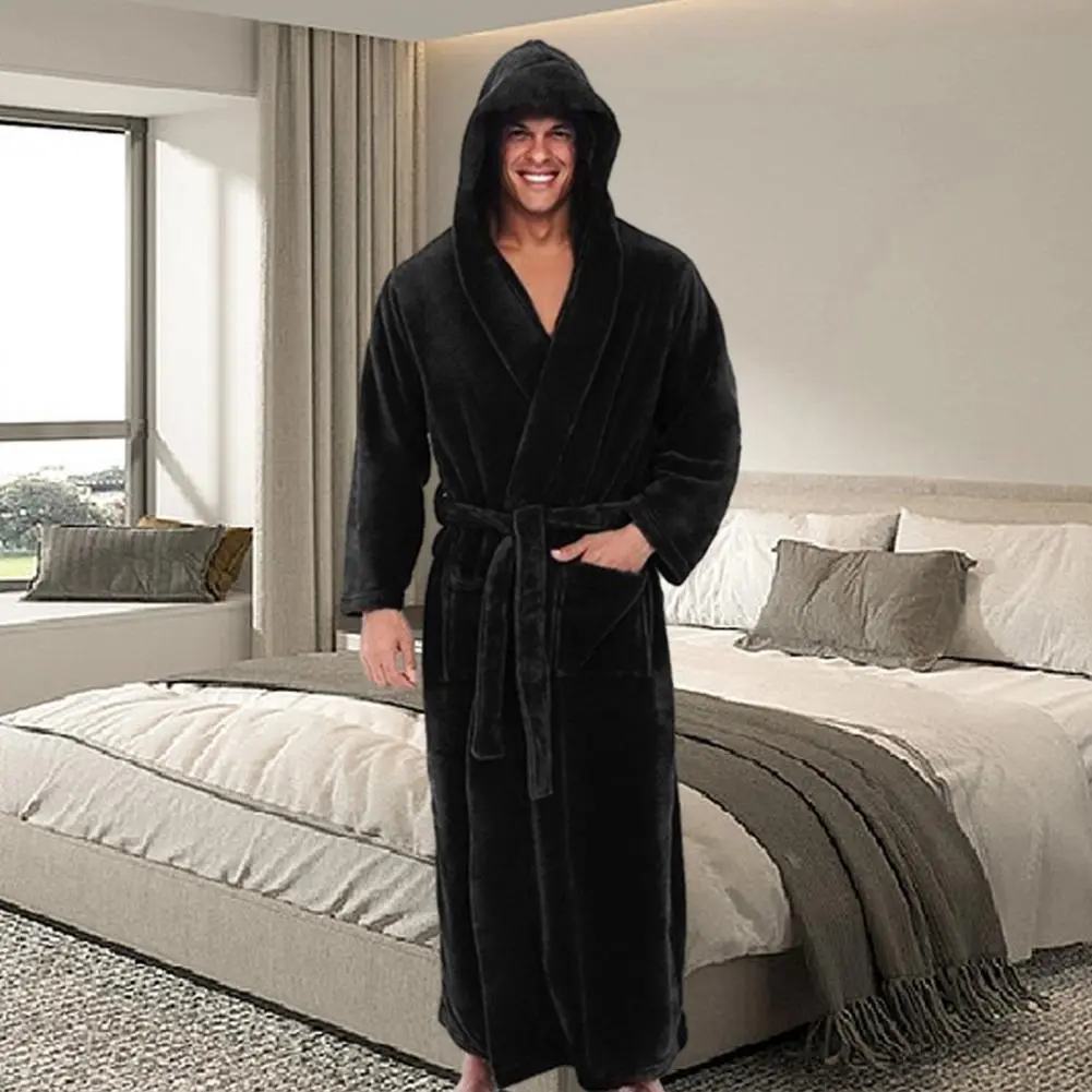 2025 M-4XL Men Hooded Bathrobe Adjustable Belt Soft Fluffy Highly Absorbent Plush Bathrobe Extra Large Hooded Fleece Bathrobe
