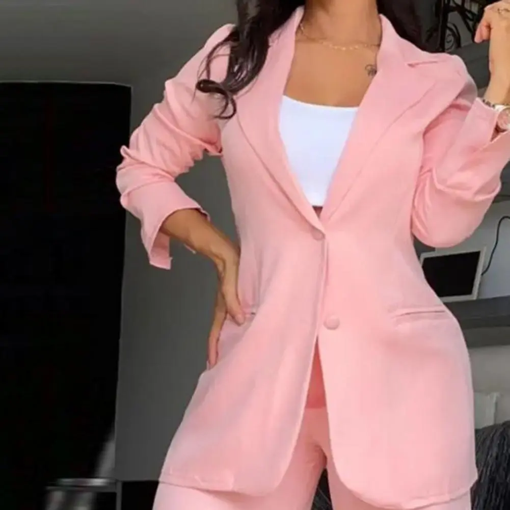 Elegant Woman Set Fashion Notched Collar Coat Pocket Design Pants Two Piece Suit Women High Waist Trousers Suit Lady Suit