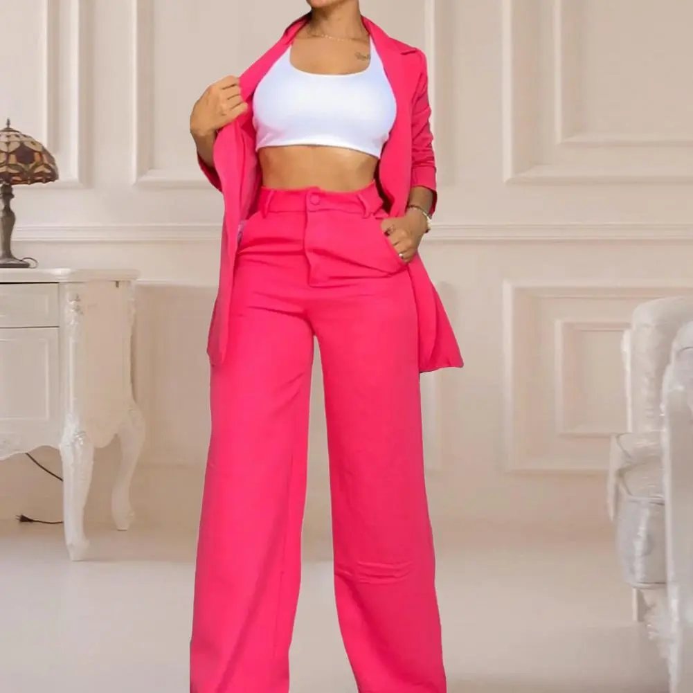 Elegant Woman Set Fashion Notched Collar Coat Pocket Design Pants Two Piece Suit Women High Waist Trousers Suit Lady Suit