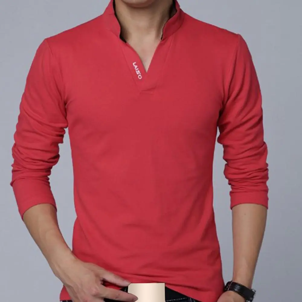 Solid Color T-shirt Fashion Men's V-neck Stand Collar Long Sleeved T-shirt Plus Size Spring Autumn Male Casual Pullover Tees