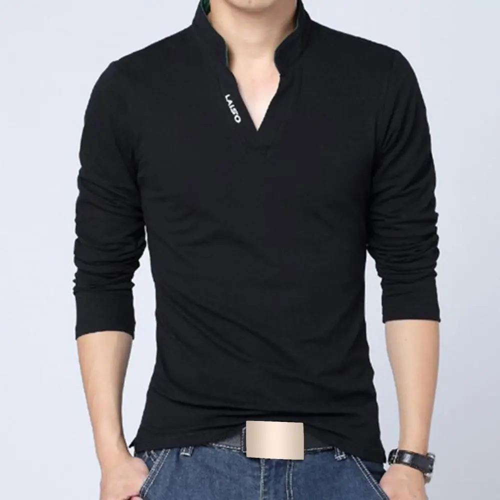 Solid Color T-shirt Fashion Men's V-neck Stand Collar Long Sleeved T-shirt Plus Size Spring Autumn Male Casual Pullover Tees