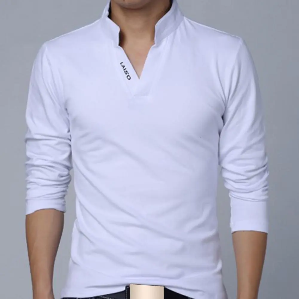 Solid Color T-shirt Fashion Men's V-neck Stand Collar Long Sleeved T-shirt Plus Size Spring Autumn Male Casual Pullover Tees