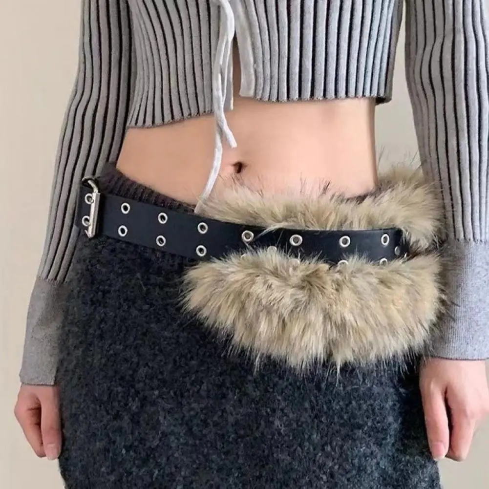 Women Belt Jeans Belt Stylish Women's Adjustable Imitation Leather Belt with Faux Fur Decor Fashionable Dress Shirt for Women's